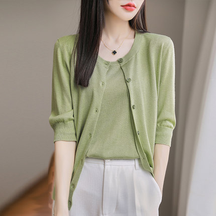 莱赛尔天丝针织开衫女短袖薄款春夏短款宽松外搭半袖上衣休闲背心