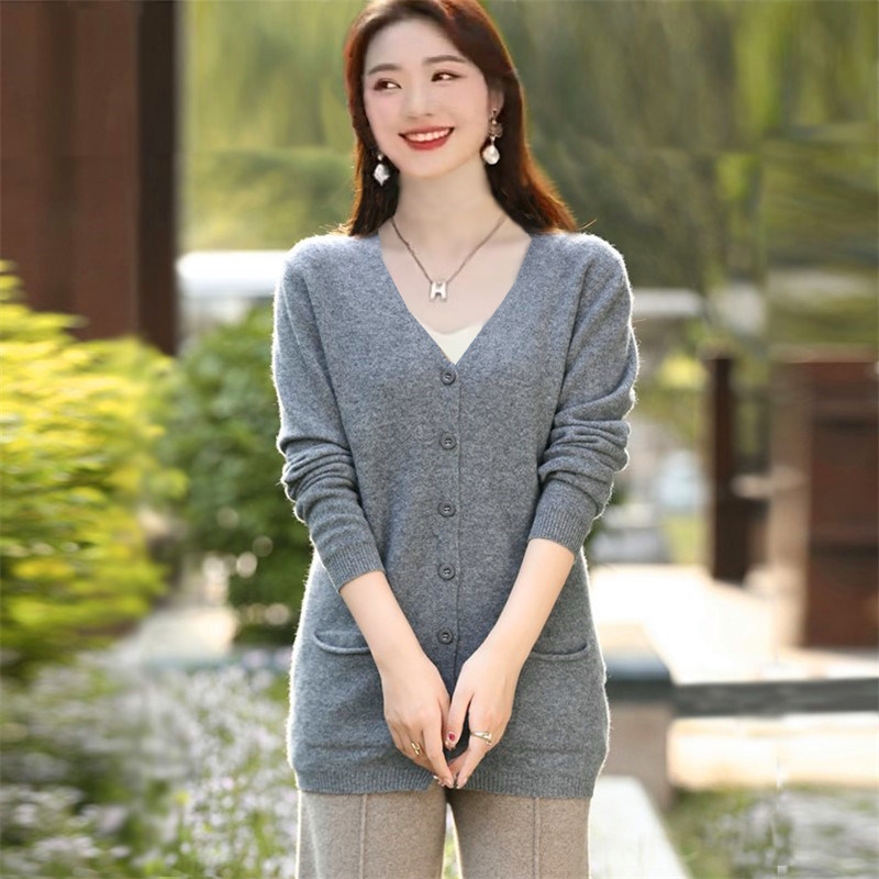 秋冬纯羊毛开衫女中长款长袖纯色时尚大码毛衣针织衫口袋宽松上衣