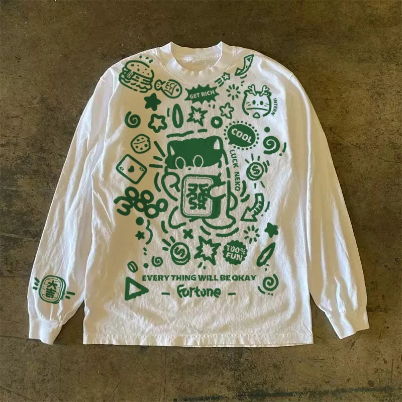 海外订单尾货~撤回外贸美式潮流印花重磅纯棉长袖T恤男女同款上衣