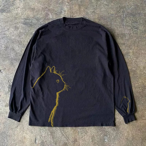 海外订单尾货~撤回外贸猫咪印花重磅纯棉长袖t恤男女宽松百搭上衣