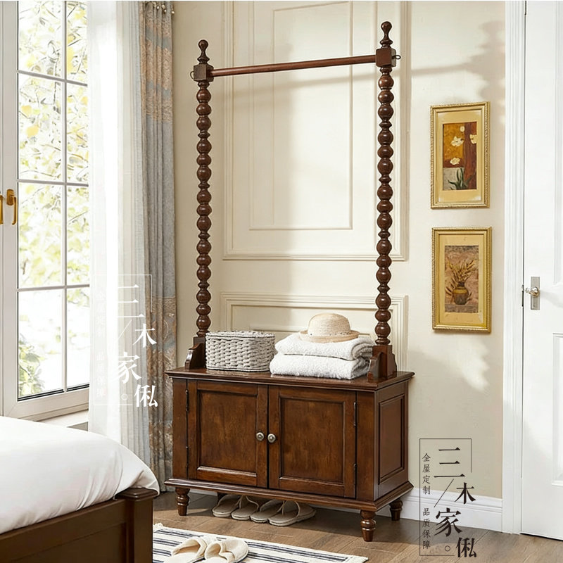 美式乡村实木衣帽架落地式卧室立柱收纳置物架复古田园风