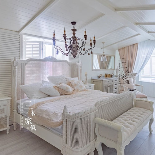 法式复古实木白色藤艺床美式乡村卧室双人床1.8米婚床可定制家具