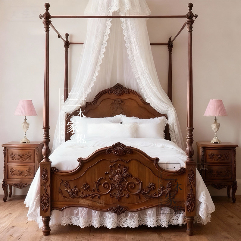 欧式复古实木四柱床双人雕花床法式公主床工厂直销可定制