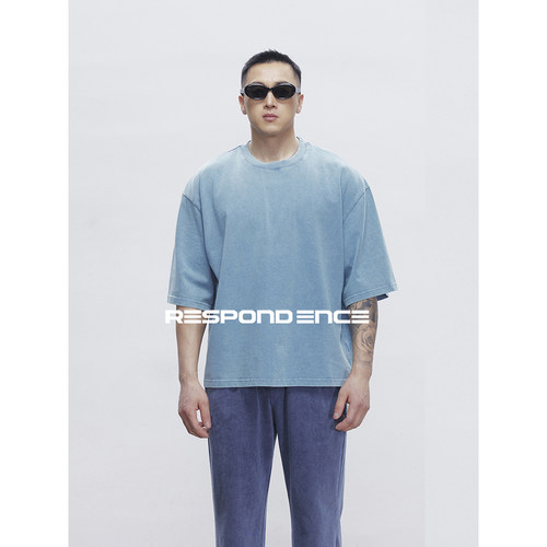 270g洗水做旧落肩圆领短袖T恤