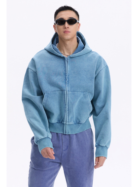 RESPONDENCE 水洗做旧运动健身外套粉色蓝色拉链连帽卫衣