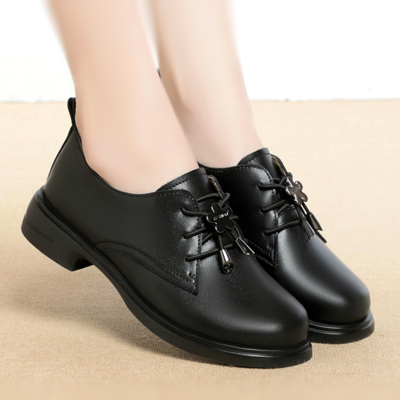 真皮系带粗跟低跟深口单鞋