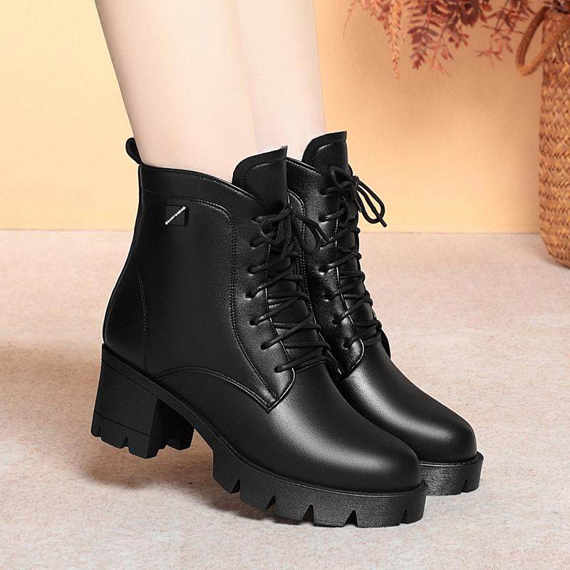 真皮马丁靴女冬季加绒加厚中跟短靴中年厚底大码棉鞋粗跟雪地靴子,女鞋,马丁靴,淘宝优惠券,粉丝福利购,淘宝优惠卷