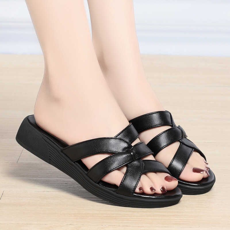 中老年真牛皮橡胶软底妈妈凉拖鞋