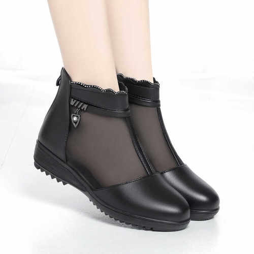 防滑平底真皮网纱中老年妈妈鞋