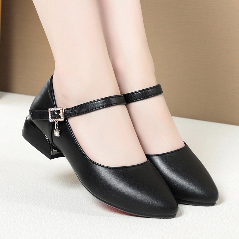真皮粗跟一字扣玛丽珍单鞋