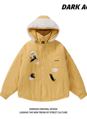 DARKAGE原创美式小猫刺绣条纹毛领棉服女款加厚宽松百搭棉衣外套