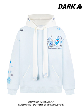 DARKAGE原创雪人蝴蝶结帽绳刺绣连帽卫衣男女宽松情侣装雪花外套