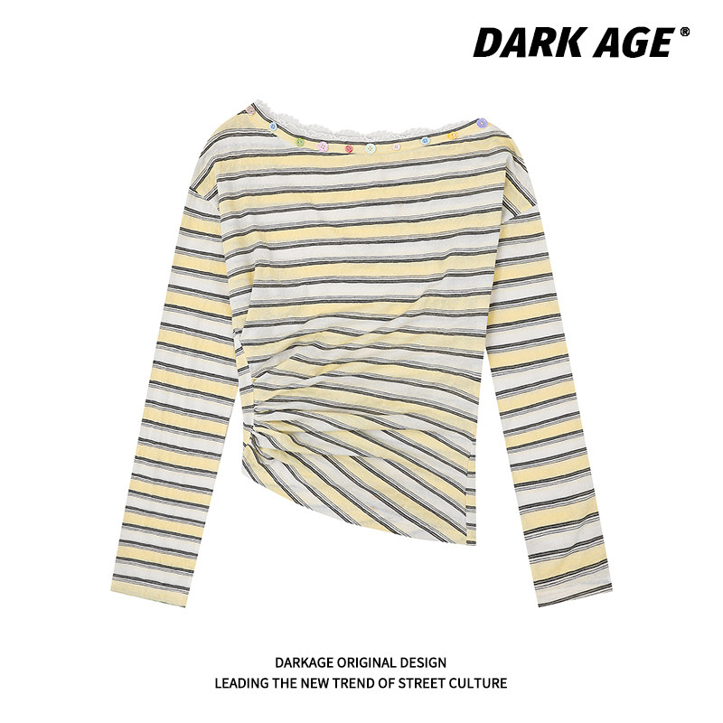 DARKAGE原创条纹斜肩露肩褶皱长袖T恤女款春季内搭打底衫罩衫上衣,女装/女士精品,T恤,淘宝优惠券,粉丝福利购,淘宝优惠卷