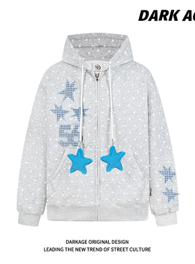 DARKAGE原创日系星星满印拉链连帽卫衣男女春季宽松情侣外套套装