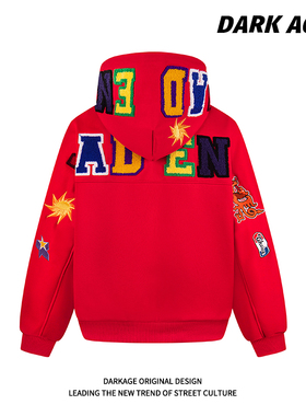 DARKAGE原创美式字母毛巾绣连帽开衫卫衣男女春季新款百搭外套潮