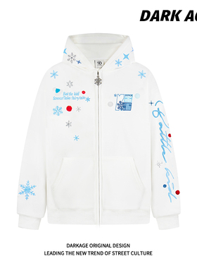 DARKAGE原创美式潮牌雪花刺绣连帽拉链外套情侣宽松帽衫外套上衣