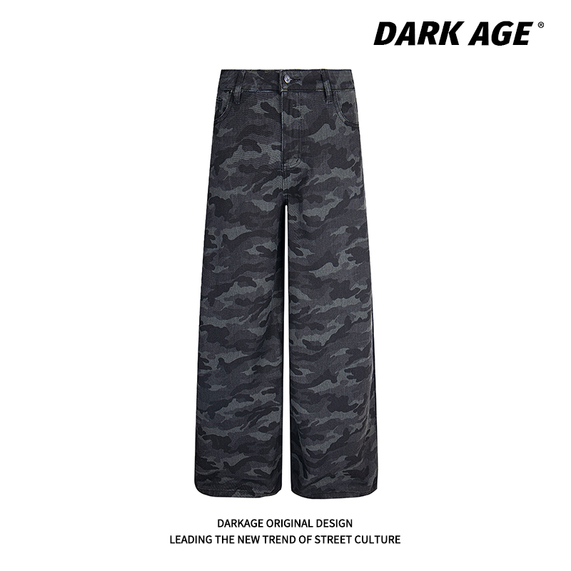 DARKAGE迷彩潮牌牛仔裤阔腿长裤