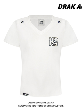 DARKAGE美式复古刺绣字母短袖T恤女夏季修身瘦身辣妹百搭V领上衣