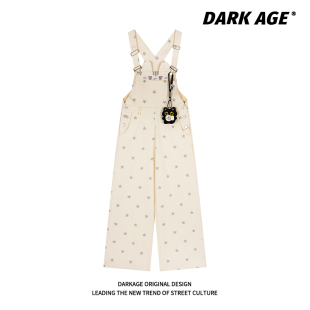 女减龄休闲长裤 DARAKGE原创美式 复古小猫星星印花宽松直筒背带裤