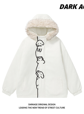 DARKAGE原创美式复古小狗刺绣毛领连帽棉衣男女情侣宽松保暖外套