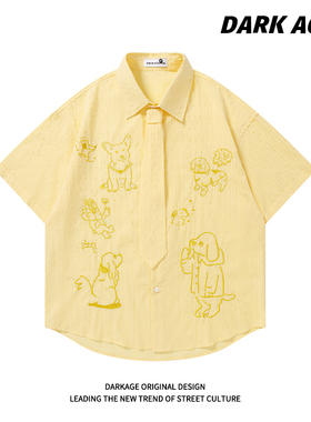 DARKAGE日系复古可爱小狗刺绣领带短袖衬衫女宽松慵懒风衬衣上衣
