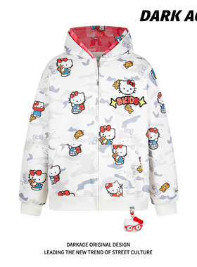 DARKAGE原创设计感撞色国潮宽松双帽凯蒂猫满印迷彩连帽拉链外套