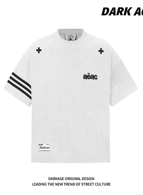 DARKAGE原创美式条纹字母刺绣短袖T恤男女夏季宽松情侣款百搭上衣