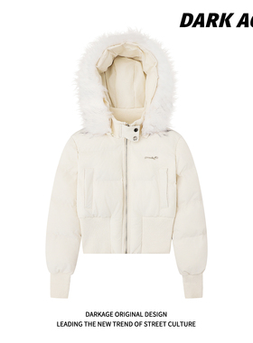 DARKAGE原创可拆卸毛领连帽棉服女冬季保暖加厚夹棉收腰短款外套