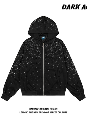 DARKAGE原创美式复古满天星钉珠烫钻慵懒风宽松百搭拉链连帽卫衣
