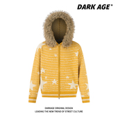 毛衣外套针织衫 女款 复古条纹星星大毛领连帽开衫 DARKAGE原创美式