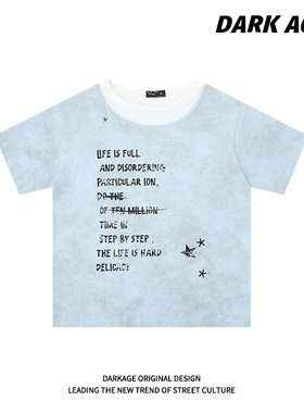 DARKAGE原创美式复古字母印花短袖T恤男女夏季情侣款宽松撞色上衣