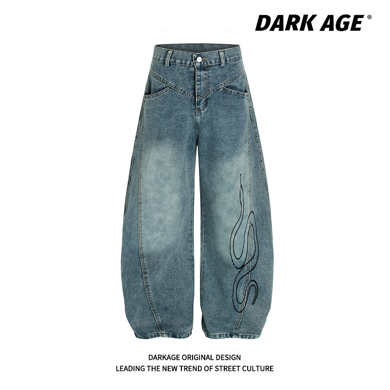 DARKAGE美式复古刺绣弯刀牛仔裤水洗做旧长裤男女四季直筒阔腿裤