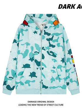 DARKAGE原创潮牌彩色字母刺绣连帽男女拉链外套美式迷彩帽衫上衣