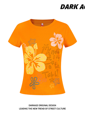 DARKAGE原创美式复古橙色多巴胺圆领短袖T恤夏季辣妹修身显瘦上衣