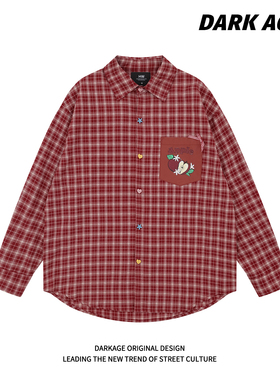 DARKAGE美式复古学院风红色格长袖翻领衬衫秋季开衫宽松外套上衣