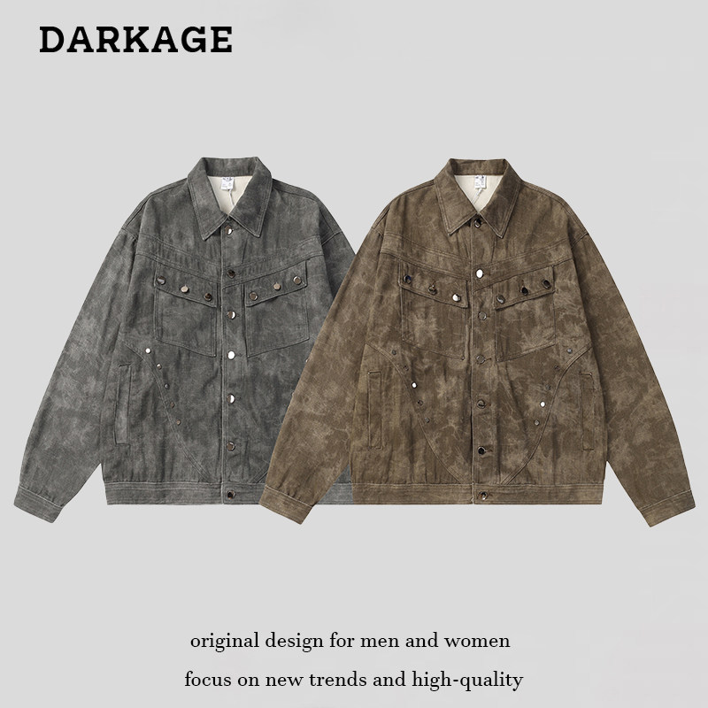DARKAGE美式复古做旧柳钉迷彩牛仔外套男女秋季潮牌宽松情侣夹克