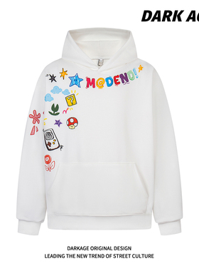 DARKAGE美式复古手绘涂鸦连帽卫衣秋冬男女情侣宽松休闲帽衫外套