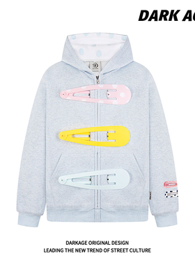 DARKAGE原创美式复古可拆卸大发夹拼接男女宽松拉链情侣连帽外套