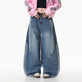 女条纹拼接阔腿裤 DARKAGE原创美式 复古水洗解构三条杠弯刀牛仔裤