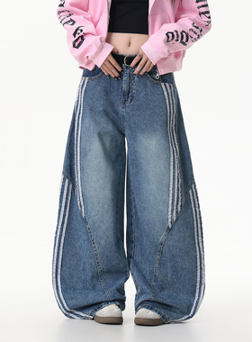 DARKAGE原创美式复古水洗解构三条杠弯刀牛仔裤女条纹拼接阔腿裤