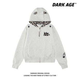 DARKAGE原创复古小恶魔豹纹贴布连帽拉链外套美式 卫衣 男女情侣款