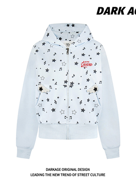 DARKAGE原创美式复古星星满印灰色开衫短款连帽卫衣春季宽松外套