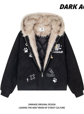DARKAGE原创国潮猫咪刺绣座山雕毛领棉服男女冬季情侣麂皮绒外套