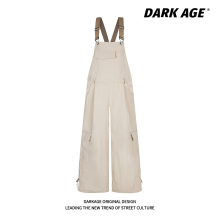 DARKAGE美式复古多口袋工装牛仔背带裤女宽松情侣直筒阔腿连体裤