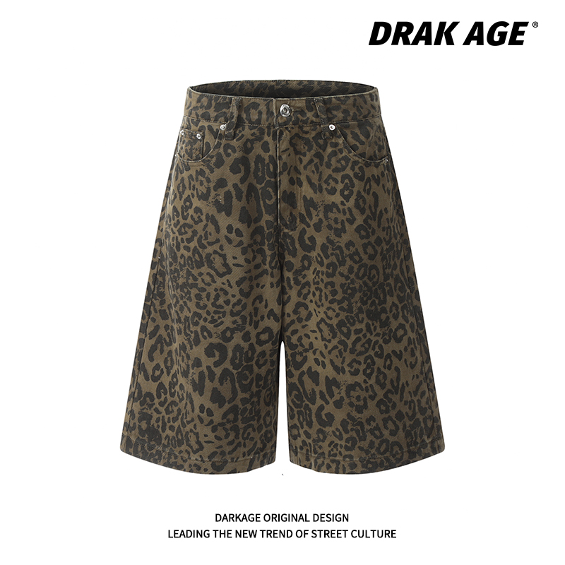 DARKAGE美式复古豹纹牛仔短裤男女夏季直筒宽松阔腿七分慵懒风