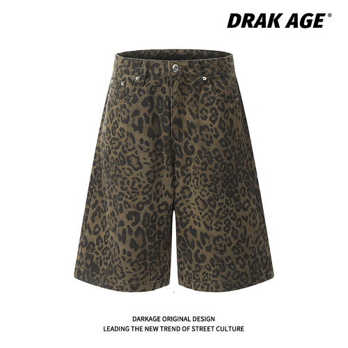 DARKAGE美式复古豹纹牛仔短裤