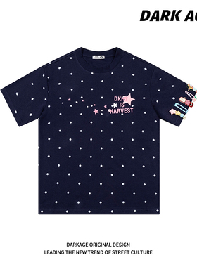 DARKAGE原创韩系波点满印可拆卸发卡正肩短袖T恤夏季修身显瘦上衣