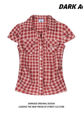 DARKAGE美式复古格纹设计感衬衫女夏季修身短袖衬衣掐腰别致上衣