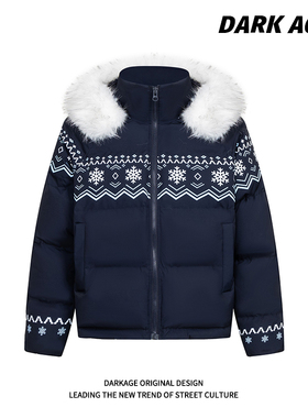 DARKAGE原创费尔岛毛领加厚外套情侣短款2025新款棉服男女款冬季