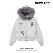 DARKAGE美式 麂皮绒豹纹十字架毛领外套女宽松韩系慵懒风短款 棉服